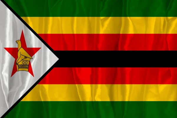 Zimbabwská Vlajka Hedvábném Pozadí Skvělým Národním Symbolem Textura Tkanin Oficiální — Stock fotografie