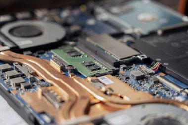 Bir teknisyen bozuk bir dizüstü bilgisayarı tornavidayla tamir eder. Not defteri bileşenleri ve parçalar yakın plan