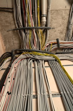 Geniş bir grup UTP kablosu, raf dolabında ethernet kablosu, veri merkezindeki sunucu rafındaki yama panelinden UTP kablosu.