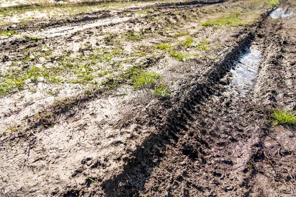 Kirli, geçilemez yol. Sonbahar ormanında off-road pisti. Buzlu sonbahar yolundaki derin rutubetler. Yağmurlu bir günde ıslak, çamurlu kırsal yol Bahar dağlarında kırsal yol çamurlu su birikintileriyle dolu