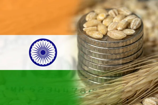 stock image Indian flag on grain background with coins close up. Export of wheat and grain. World food crisis. Export logistics solution