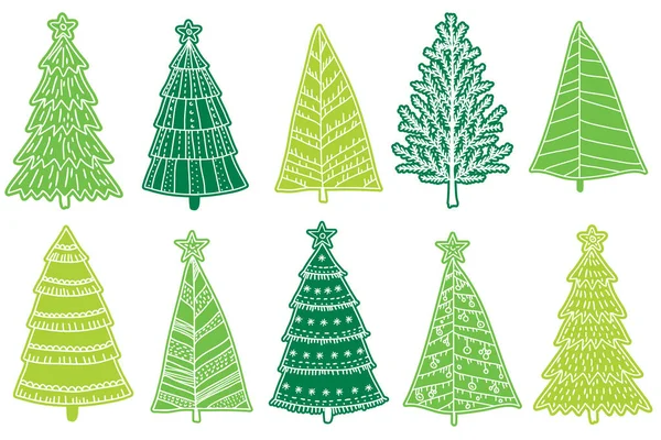 Collection Ten Decorative Green Christmas Trees Scrapbooking Design — Stock Vector