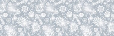 Kar taneleri ve yıldızlı gri Noel afişi. Mutlu Noeller ve mutlu yıllar bayrağı. Yatay yeni yıl geçmişi, başlıklar, posterler, kartlar, web sitesi. Vektör illüstrasyonu