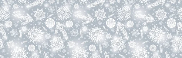 Kar taneleri ve yıldızlı gri Noel afişi. Mutlu Noeller ve mutlu yıllar bayrağı. Yatay yeni yıl geçmişi, başlıklar, posterler, kartlar, web sitesi. Vektör illüstrasyonu