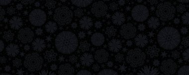 Kar taneli siyah Noel afişi. Mutlu Noeller ve mutlu yıllar bayrağı. Yatay yeni yıl arkaplanı, başlıklar, posterler, kartlar, web sitesi. Vektör illüstrasyonu