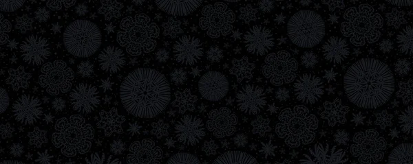 Kar taneli siyah Noel afişi. Mutlu Noeller ve mutlu yıllar bayrağı. Yatay yeni yıl arkaplanı, başlıklar, posterler, kartlar, web sitesi. Vektör illüstrasyonu