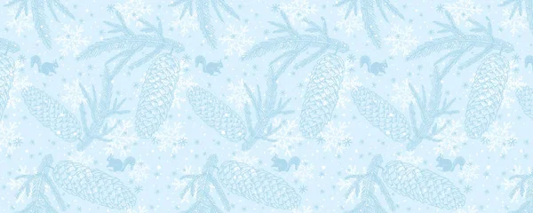 Niebieski Sztandar Świąteczny Narysowanymi Gałęziami Choinkowymi Wiewiórkami Płatkami Śniegu Wesołych — Wektor stockowy