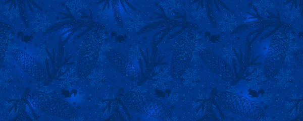 Niebieski Sztandar Świąteczny Narysowanymi Gałęziami Choinkowymi Wiewiórkami Płatkami Śniegu Wesołych — Wektor stockowy