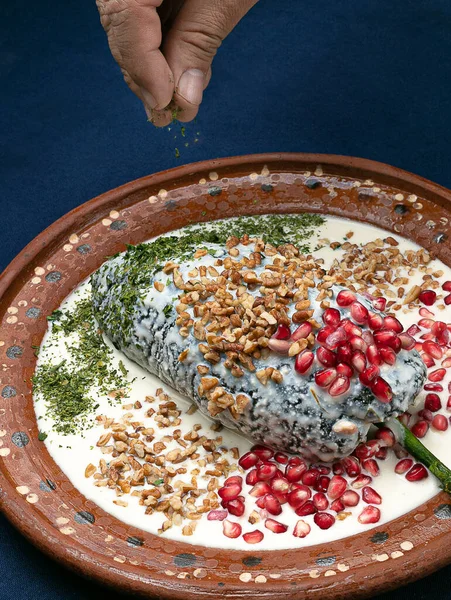Tipik Meksika yemekleri olan chiles en nogada nar, ceviz ve maydanozla süslenmiş koyu mavi masa örtüsü üzerinde geleneksel kil bir tabakta