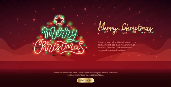 Merry Christmas Neon Sign Website Template Donkerrode Achtergrond Vector Clip — Stockvector