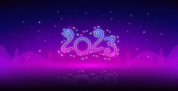 Neujahr 2023 Neon Vorlage Auf Dunkelviolettem Hintergrund Vektorcliparts Für Ihre — Stockvektor