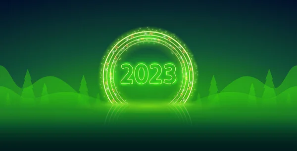 New Year 2023 Neon Template Dark Green Background Vector Clipart — Stock Vector