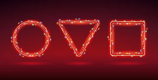 ライトの装飾が施された3つの赤いクリスマスネオンフレーム ラウンド 三角形と正方形のコピースペース 休日のプロジェクトデザインのためのベクトルクリップアート — ストックベクタ