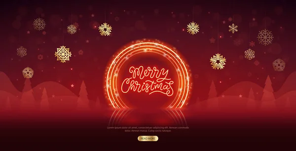 Merry Christmas Neon Lettering Golden Snowflakes Dark Red Background Vector — Stock Vector