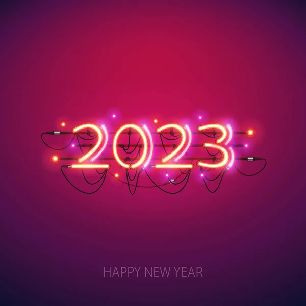Happy New Year 2023 Neon Sign Red Background Vector Illustration — Stock Vector