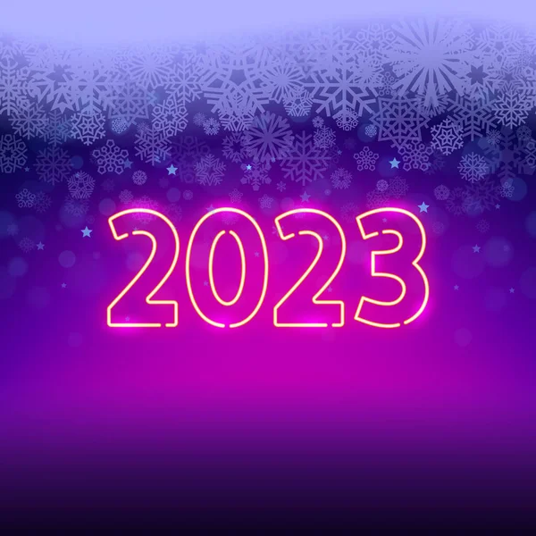 Nieuwjaar 2023 Neon Met Sneeuwval Donkerpaarse Achtergrond Vector Clipart Voor — Stockvector
