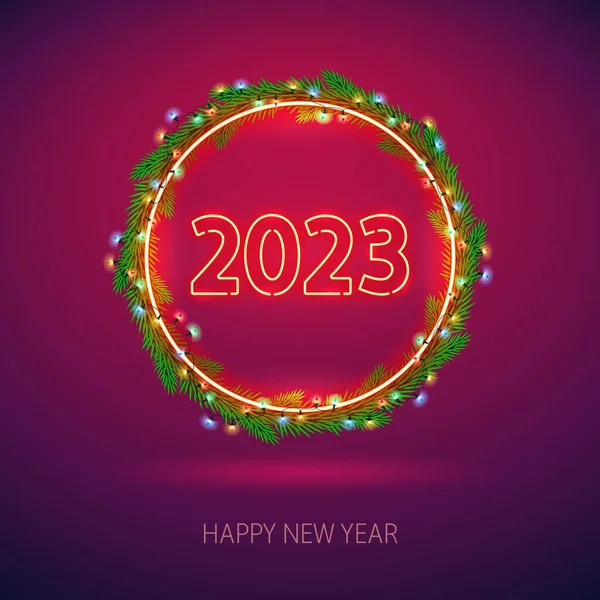 Gelukkig Nieuwjaar 2023 Neon Sign Met Fir Wreath Rode Achtergrond — Stockvector