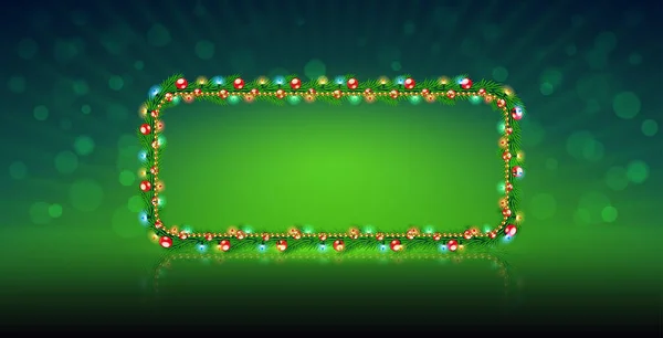 Bulanık Yeşil Arkaplan Çelenk Fidan Dallarından Yapılmış Dikdörtgen Noel Çerçevesi — Stok Vektör