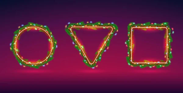 ライトの装飾が施された3つの赤いクリスマスネオンフェアブランチフレーム ラウンド 三角形と正方形のコピースペース 休日のプロジェクトデザインのためのベクトルクリップアート — ストックベクタ