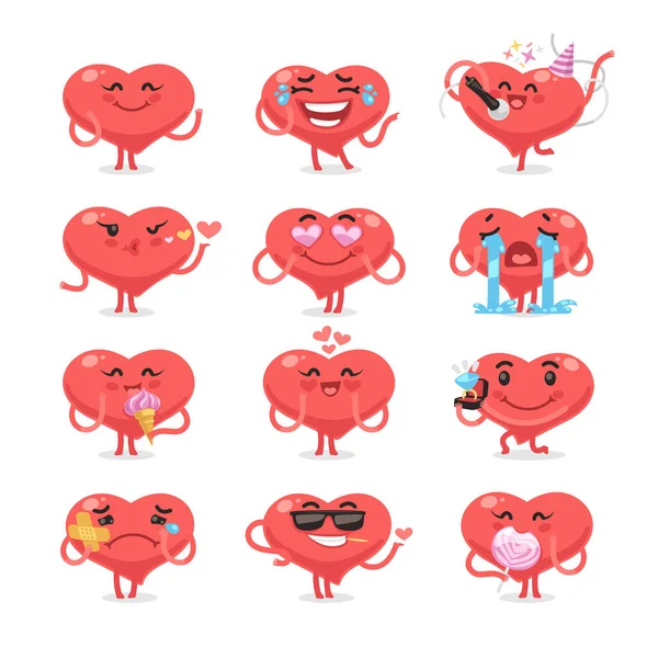 Valentine Hearts Desenhos Animados Estilo Plano Personagens Set Coleção Adesivos — Vetor de Stock