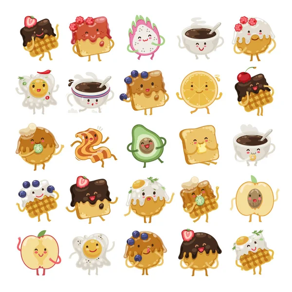 Hora Café Manhã Bonitos Personagens Desenhos Animados Emoji Grande Conjunto — Vetor de Stock