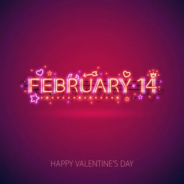 Brillante Neón Febrero Señal Para Cartel Del Día San Valentín — Archivo Imágenes Vectoriales