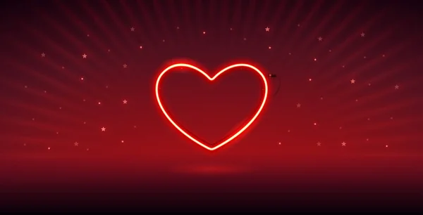 Coração Néon Valentines Fundo Vermelho Escuro Com Raios Estrelas Vector — Vetor de Stock