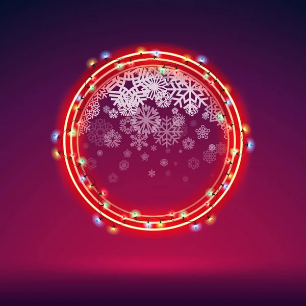 Kerst Rode Ronde Gloeiende Frame Met Snoflakes Donkere Achtergrond Vector — Stockvector