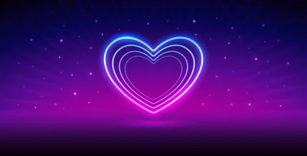 Neon Valentinsherz Auf Dunklem Hintergrund Mit Strahlen Und Sternen Vektor — Stockvektor