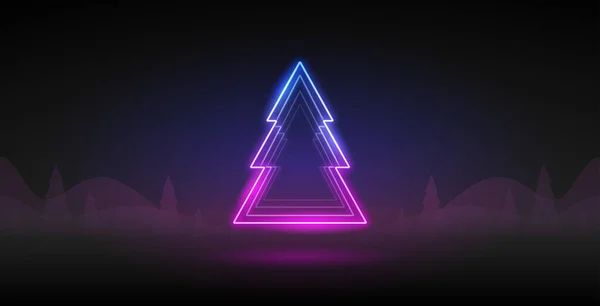 Neon Christmas Tree Dark Purple Background Vector Clip Art Your — Stock Vector
