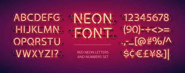 Red Glowing Neon Font Letters Numbers Financial Symbols Punctuation Included — Stock Vector