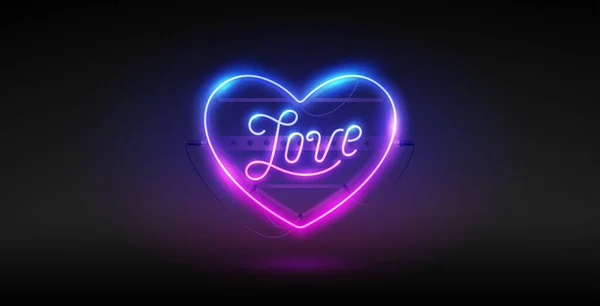 Karanlık Arkaplanda Aşk Olan Neon Sevgililer Günü Kalbi Tatil Projeniz — Stok Vektör