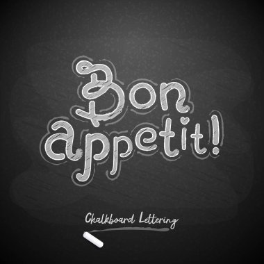 Hand Drawn Chalkboard Bon Appetit Lettering on Blackboard Background. Vector clip art.
