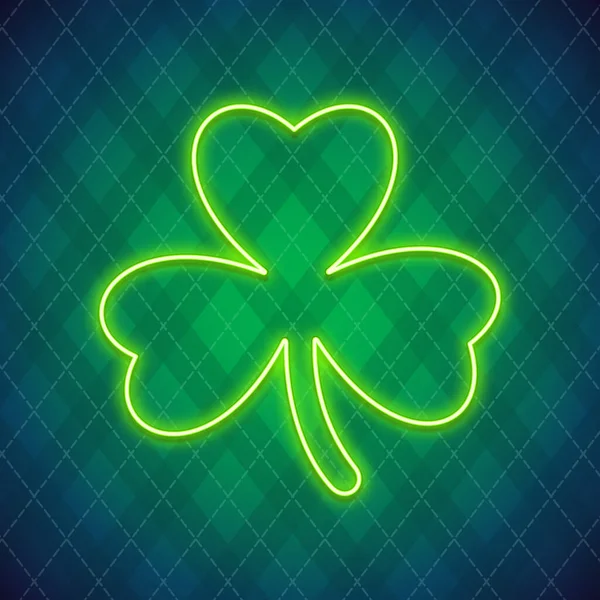 Trevo Dia Patricks Sinal Néon Brilhante Padrão Verde Argyle Cartão — Vetor de Stock