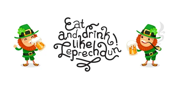 Leprechauns Drinks Beer Patricks Day Lettering Vector Poster Isolated White — Stock Vector