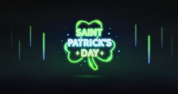 Patricks Day Neon Sign Mörkgrön Bakgrund Med Klöver — Stockvideo
