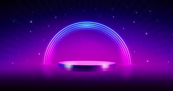 Empty Cylinder Podium Neon Frame Animation Blurred Background Stars Looped Royalty Free Stock Záběr