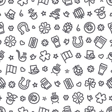 St. Patricks Day Seamless Pattern with Icons. Usable for holiday design. Isolated on white background. Vector clipart template.