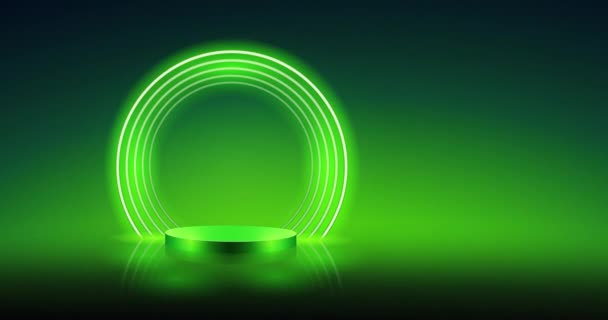 Leeres Zylinderpodest Mit Rundem Neon Rahmen Auf Grünem Hintergrund Stockvideo