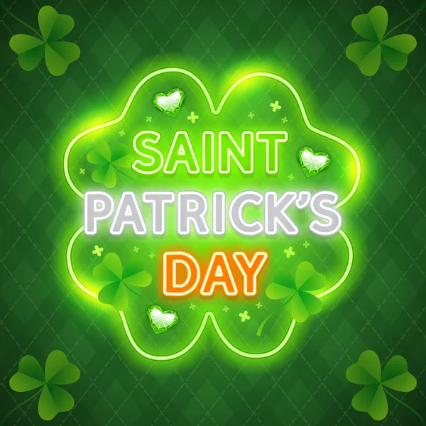 Glowing Green Neon Patrick Day Project Decorated Emerald Hearts Clovers — Stock Vector