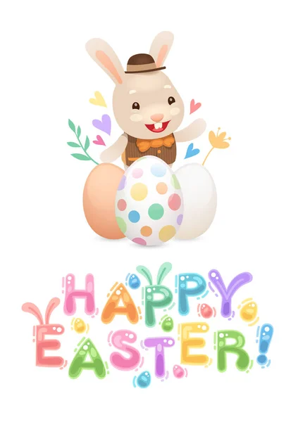 Happy Easter Postcard Cute Bunny Colorful Eggs Vector Lettering Poster — Stock Vector
