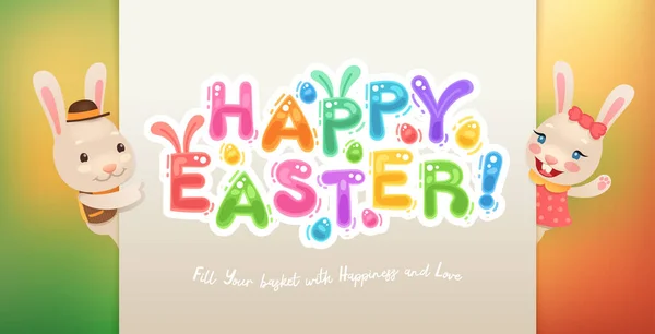 Happy Easter Banner Iepurași Drăguți Ouă Colorate Vector Poster Paști — Vector de stoc