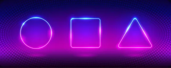 Gloeiende Neon Frames Set Ronde Vierkante Driehoekige Vormen Banner Sjabloon — Stockvector