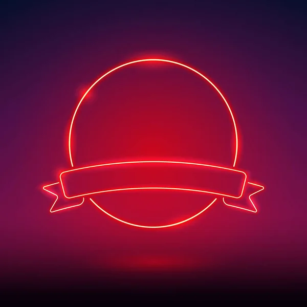 Glödande Röd Rund Neon Emblem Med Band Banderoll Mall Lagervektor — Stock vektor