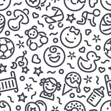 Simgeli Bebek Kusursuz Deseni. Çocuk tasarımı için kullanılabilir. Beyaz arka planda izole edilmiş. Vektör clipart şablonu.