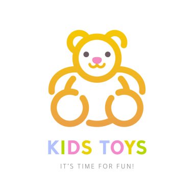 Oyuncak Mağazası Logo Şablonu Ayı ile. İnternet, bilgi grafikleri, anaokulu uygulamaları ve çocukların logoları için kullanılabilir. Beyaz arka planda izole edilmiş. Vektör logo tasarımı şablon ögesi.