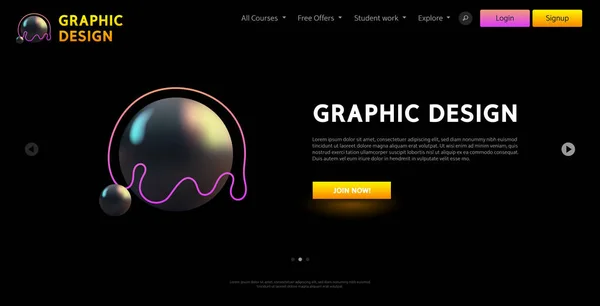 Graphic Design Courses Website Template Black Background Vector Clip Art — Stock Vector