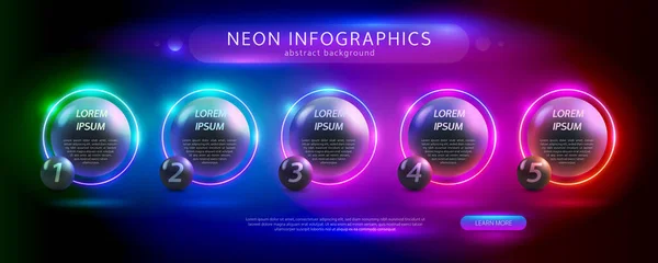 Neon Met Dark Spheres Infographics Set Cirkel Gloeiende Kopieerruimte Templates — Stockvector
