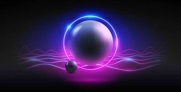 Empty Abstract Neon Background Retro Wave Style Dark Sphere Vector — Stock Vector