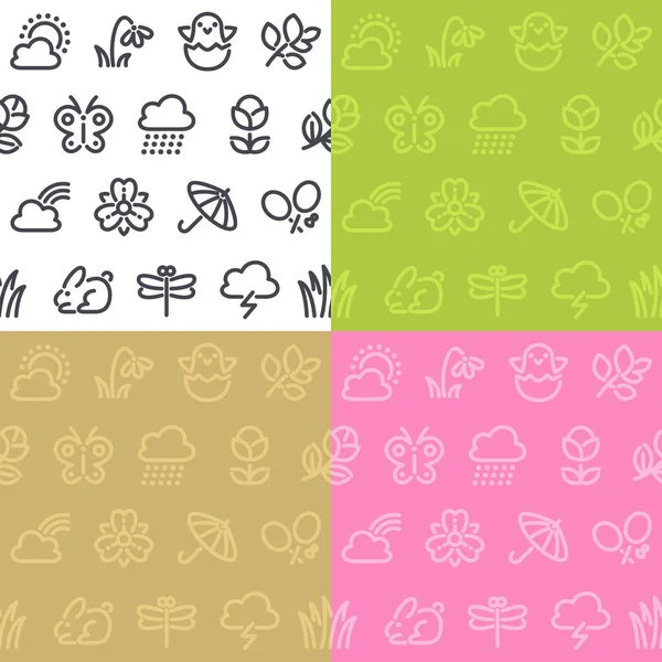 Frühling Nahtlose Muster Mit Symbolen Vier Verschiedene Farbvarianten Vereinzelt Auf — Stockvektor